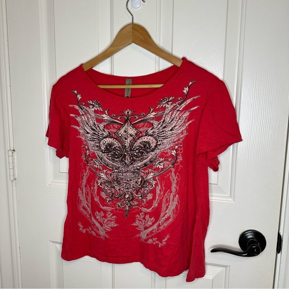 Y2K Big Bang Clothing Red Fleur De Lis Angel Wing Bedazzled Baby Tee L Mcbling